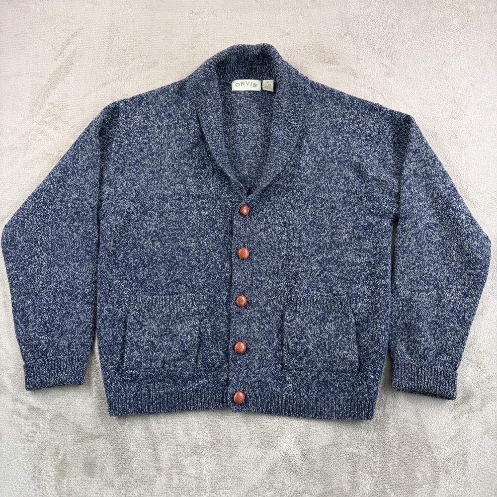 Vintage ORVIS Leather Buttons Shawl Neck Cardigan Sweater in Marled Blue Men XL
